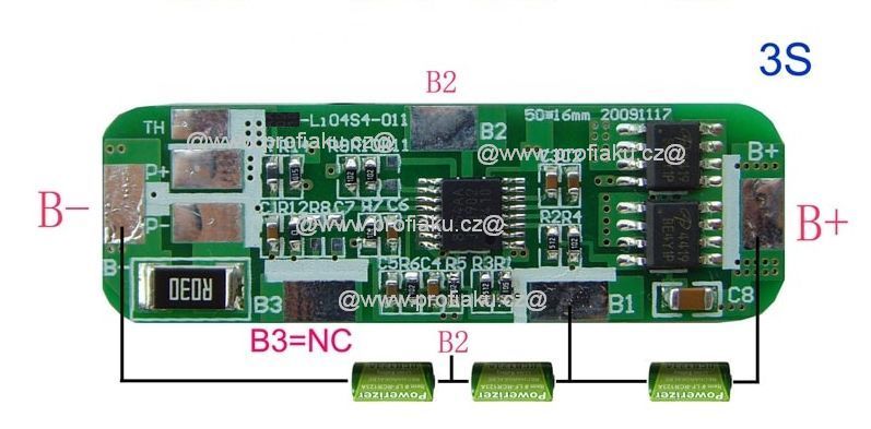 Ochranný obvod BMS Li-Ion 3S 10.8V - 11.1 V 4A 50 x 16 x 3mm AEB